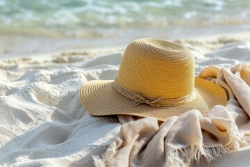 Beach towel straw hat. Sand relax live travel beach. Generate Ai