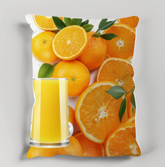 A pillow filled with orange juice vertically , solid white background , small oranges - obrazy, fototapety, plakaty