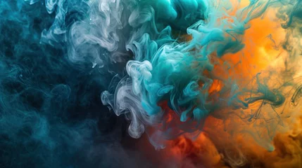 Fotobehang A swirling mass of multi-colored smoke in shades of blue, green and red. The smoke is thick and forms abstract shapes, creating a dynamic and visually appealing scene. © ProPhotos