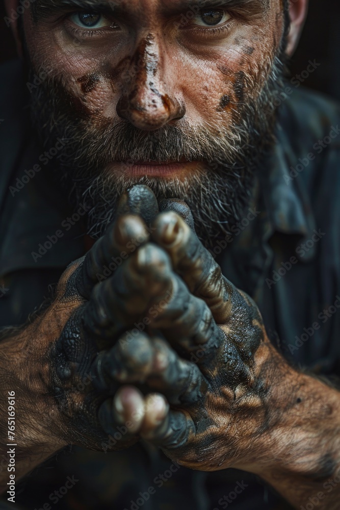 Poster Close-up of a person with dirty hands, suitable for various concepts and themes
