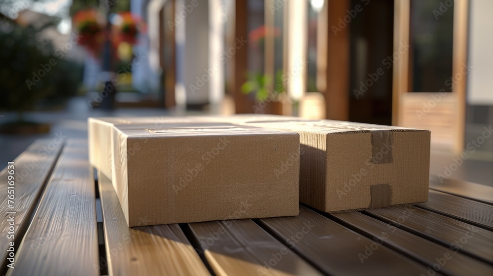 Poster two boxes sitting on top of a wooden table. ideal for business or storage concepts