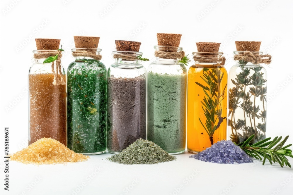 Poster assorted bottles filled with different types of salts, perfect for culinary or spa concepts
