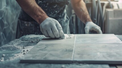 A man is shown working on a piece of tile. Suitable for construction and renovation projects - obrazy, fototapety, plakaty