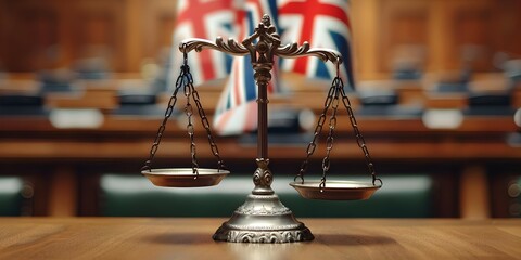 British flag in a courtroom with judicial scales symbolizing justice and authority in the United Kingdom. Concept Flag in Courtroom, Judicial Scales, Justice Symbol, Authority, United Kingdom - obrazy, fototapety, plakaty