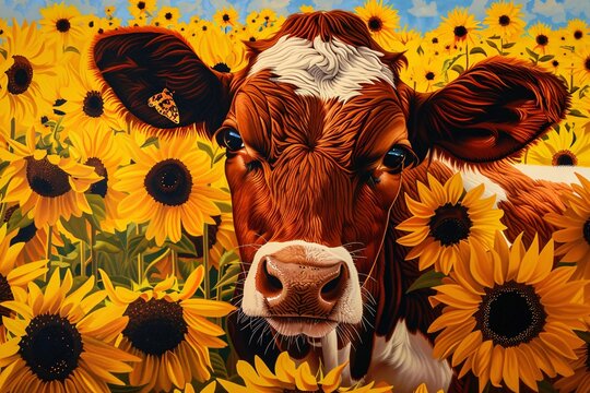 a cow in a field of sunflowers