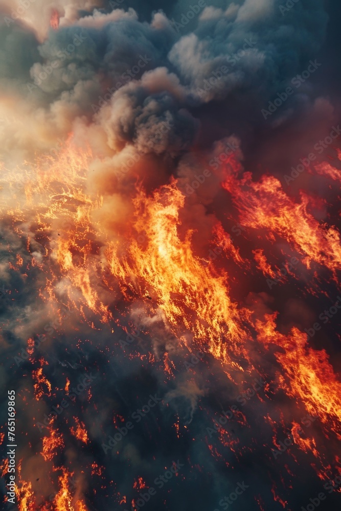 Poster a plane flying over a large fire. suitable for disaster and emergency concepts