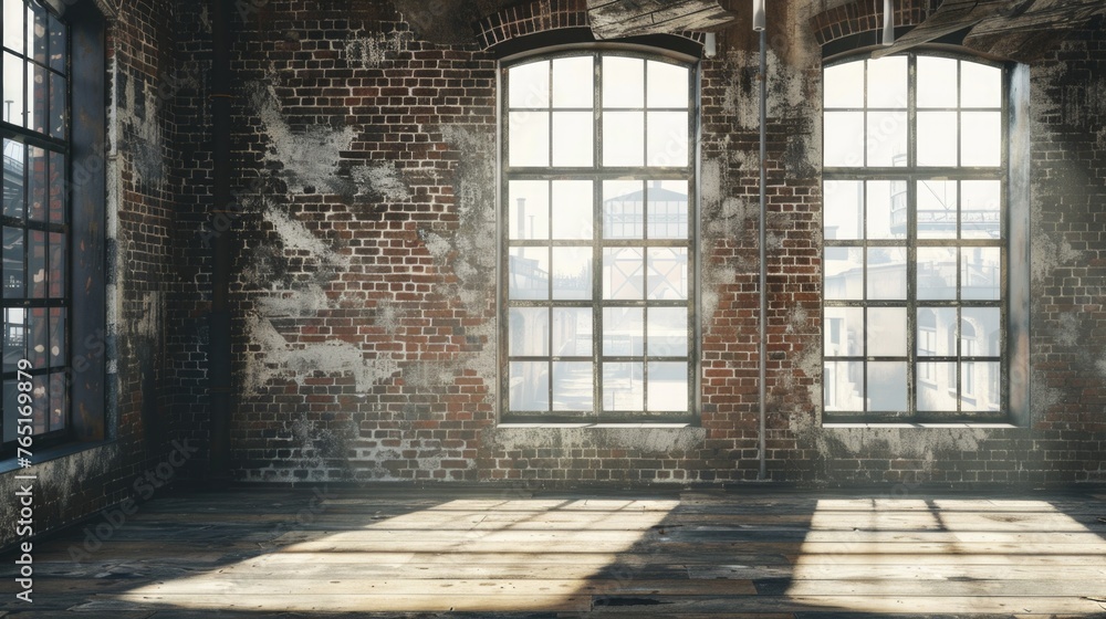 Aufkleber A simple image of an empty room with large windows and brick walls. Suitable for interior design concepts
