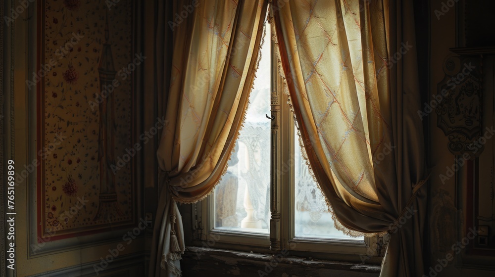 Poster a simple room with a window covered by a curtain. suitable for interior design concepts