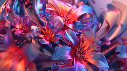 Digital 3D rendering of luminous floral abstract. Artistic waves and flowers concept for vibrant wallpaper or print design