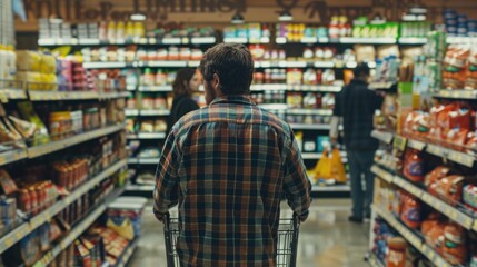 Fototapeta premium A man with a shopping cart in a grocery store. Suitable for retail or consumerism concepts