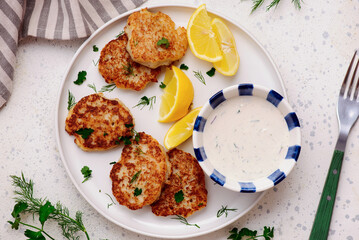 Norwegian fish cakes with tartar sauce.top veiw