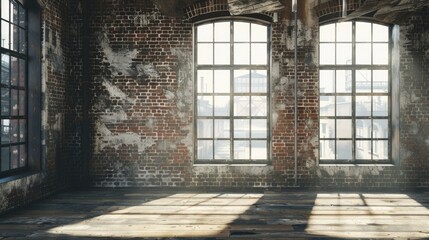 A simple image of an empty room with large windows and brick walls. Suitable for interior design concepts
