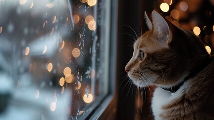 Curious cat watching Christmas tree, perfect for holiday designs - obrazy, fototapety, plakaty