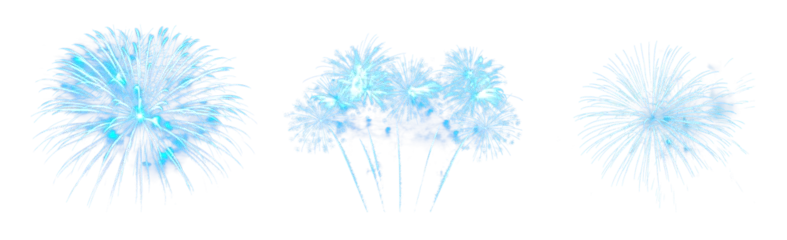 Poster Celebration concept. Set of fireworks display show. Colorful blue explosion in the sky. Isolated transparent PNG. Various explosion of different dimensions and shapes. New year, 4th of July © Mr. PNG