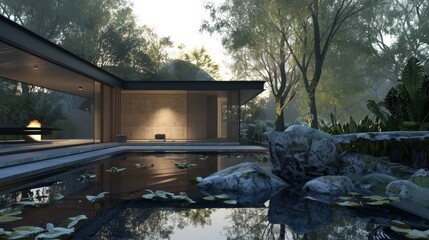 Modern house with pool at dusk, water lilies and rocks in foreground. Architecture rendering with natural elements