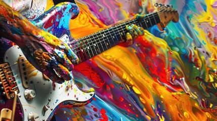 Fototapeta premium Person playing guitar in front of vibrant backdrop, suitable for music events promotion