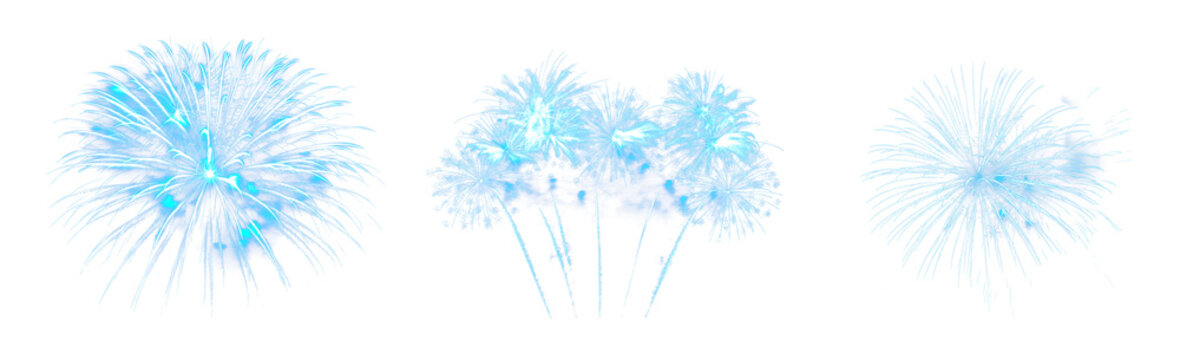 Celebration concept. Set of fireworks display show. Colorful blue explosion in the sky. Isolated transparent PNG. Various explosion of different dimensions and shapes. New year, 4th of July