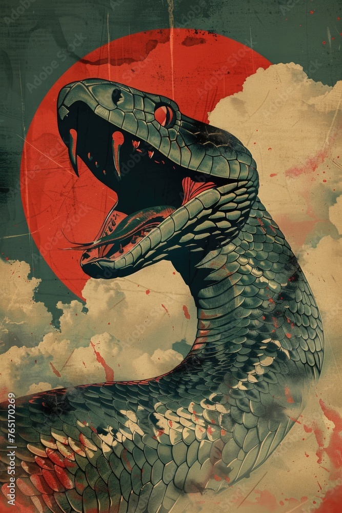 Poster a snake with its mouth open in front of a red sun. perfect for nature or wildlife themes