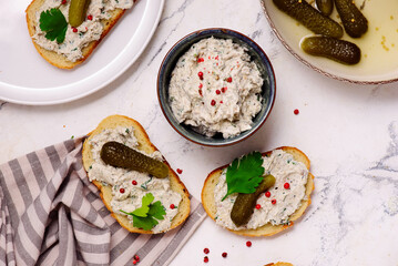 Sardine and cream cheese rillettes with gherkins .top veiw
