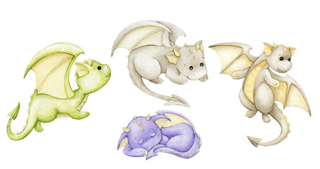 Cute dragon, in cartoon. Watercolor set drawing of a fabulous animal, on an isolated background.
