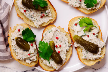 Sardine and cream cheese rillettes with gherkins .top veiw