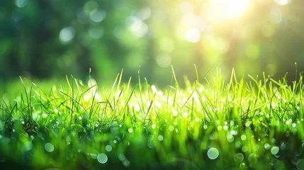 Fotobehang A Vibrant Green Grass Background Illuminated by Sunshine. Sunlit Summer Meadow © wanda