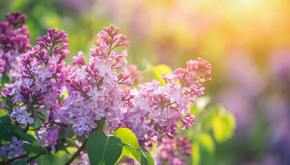 Obraz premium Lilac bunch, light purple flowers on a green leafy branch. Spring season. Bokeh and sun glow. Blurred natural backdrop.