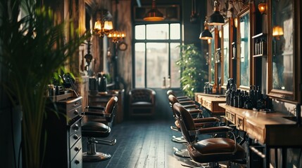 A dimly lit barber shop with wood paneling, leather chairs, and a long mirror. - obrazy, fototapety, plakaty