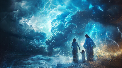 tempestade ao fundo, Jesus iluminado protege a família - obrazy, fototapety, plakaty