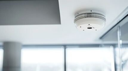 Modern office safety with ceiling mounted smoke detector. simple, clean design for commercial use. ensures fire protection and security. AI