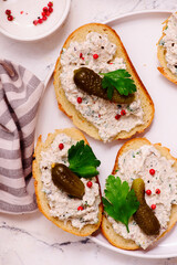 Sardine and cream cheese rillettes with gherkins .top veiw