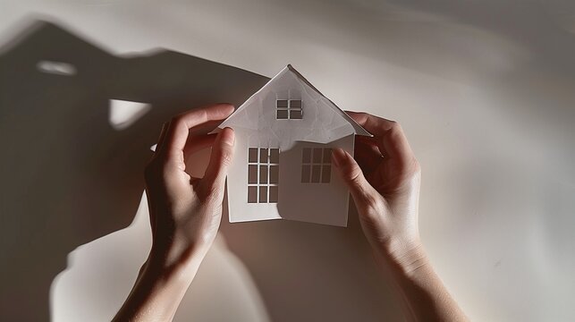 In this touching depiction, hands come together to hold a simple, yet meaningful, paper cutout of a house, casting a soft shadow on a light background.