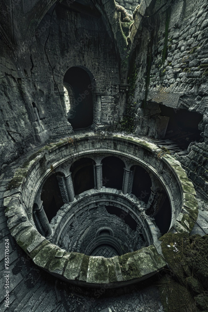 Poster a spiral staircase in an old stone building. suitable for architectural and historical concepts