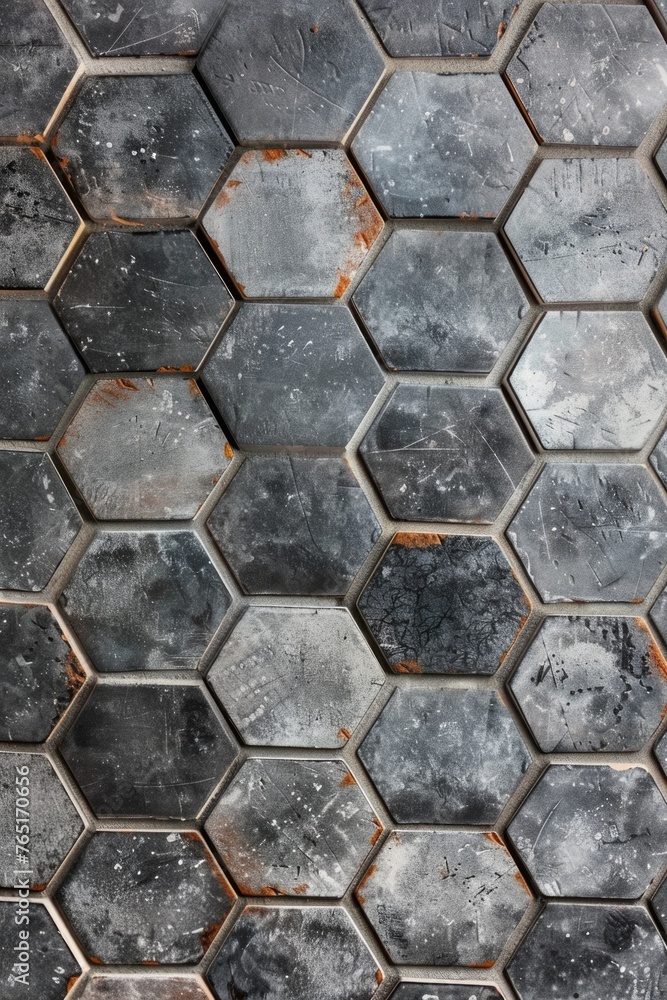 Poster detailed close up of a metal surface with hexagonal pattern. suitable for industrial, technology or 