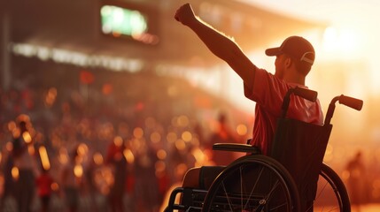 A man in a wheelchair raises his fist in the air at a crowded event.