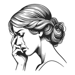 Crying woman in a state of sorrow, her hand covering her face in despair sketch engraving generative ai fictional character vector illustration. Scratch board imitation. Black and white image. - 765170634