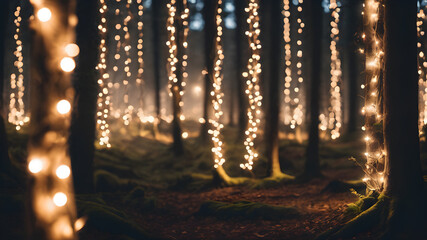 The tree is decorated with small golden lights.