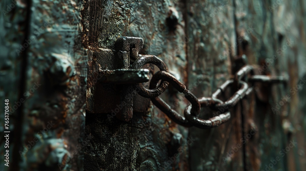 Poster close-up of a chain on a wooden door, suitable for security concepts