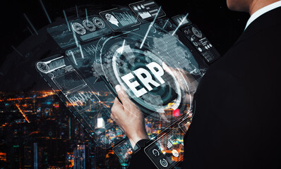 Enterprise Resource Management ERP software system for business resources plan presented in modern...