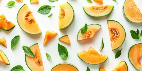 Foto op Plexiglas Fresh slices of melon on a white table, perfect for summer menus or healthy eating concepts © Fotograf