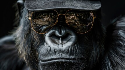 A close up of a gorilla wearing sunglasses and a hat. Great for animal and fashion concepts - obrazy, fototapety, plakaty