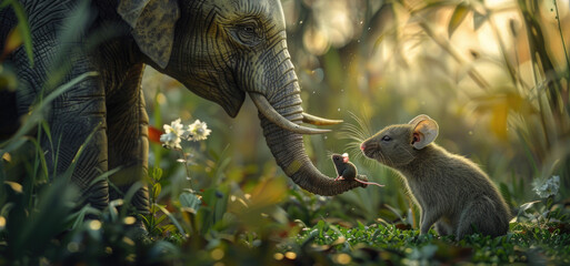 An elephant and a mouse in the grass. Suitable for children's books or educational materials - obrazy, fototapety, plakaty