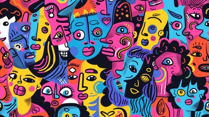 Various colored faces on a vibrant background, suitable for diverse concepts