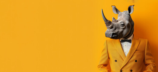 A rhino wearing a suit and tie stands in front of a yellow background. Creative animal concept. Rhinoceros in big boss outfits on bright background, copy space. birthday party invite invitation banner - obrazy, fototapety, plakaty