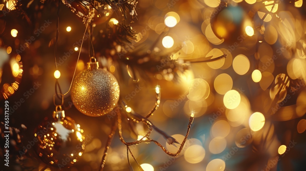 Poster Close up view of a Christmas tree with glowing lights in the background. Suitable for holiday and festive concepts