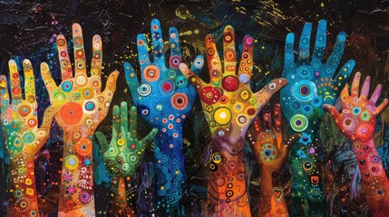 A collaborative art project with hands of varied sizes, shapes, and colors, symbolizing diversity on the autism spectrum for Autism Acceptance Month.