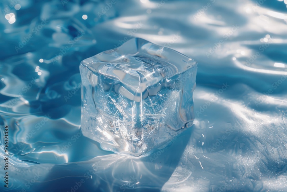 Poster a piece of ice resting on a bed of water. ideal for nature and climate change concepts