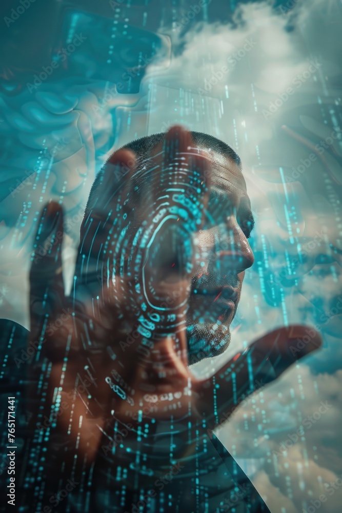 Poster A man holding his hands up in front of a digital screen. Suitable for technology concepts