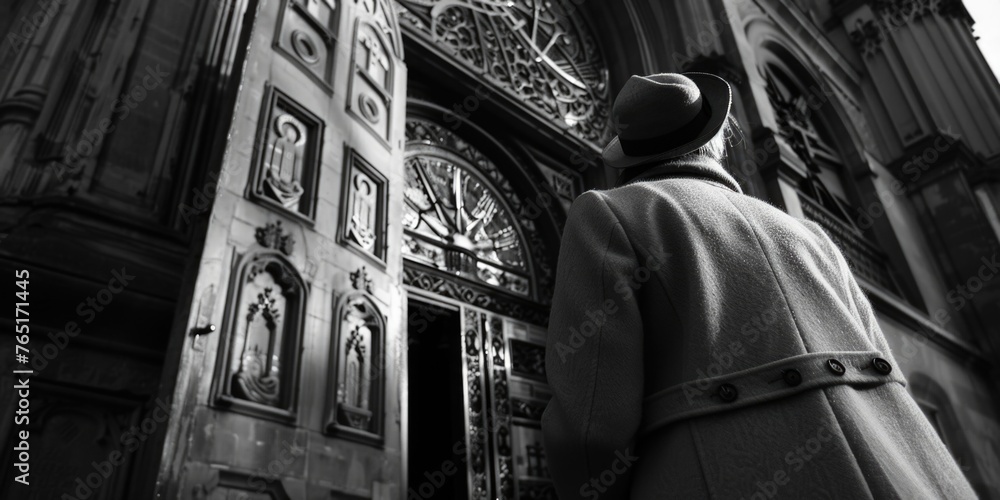 Aufkleber A man in a coat and hat standing in front of a building. Suitable for business concepts