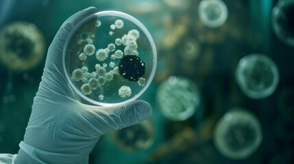 A gloved hand holding a petri dish with various bacteria cultures visible against a blue background.